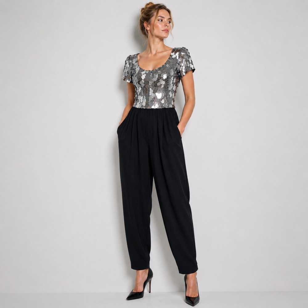 Vtg Evening Chic by Lola Berent Sequin Jumpsuit Womens 3/4 XS Silver Black Glam